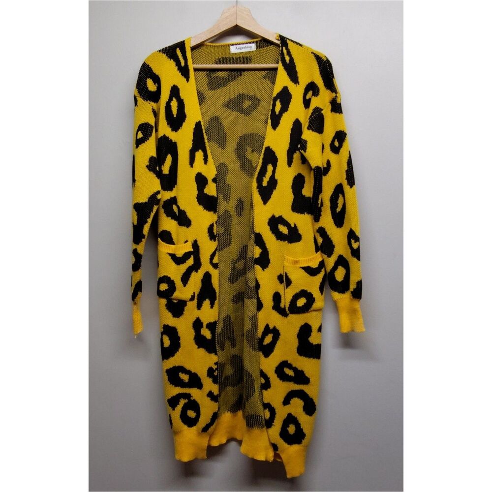 Angashion Knit Cardigan Sweater Women S Yellow Leopard Open Fall Autumn Casual
